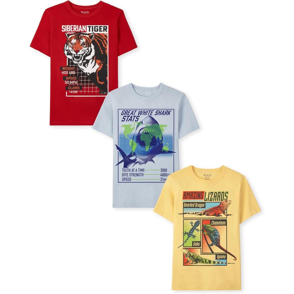 imageThe Childrens Place Boys AnimalsCars Short Sleeve Graphic TShirts3 PackTigerSharkLizard 3pack