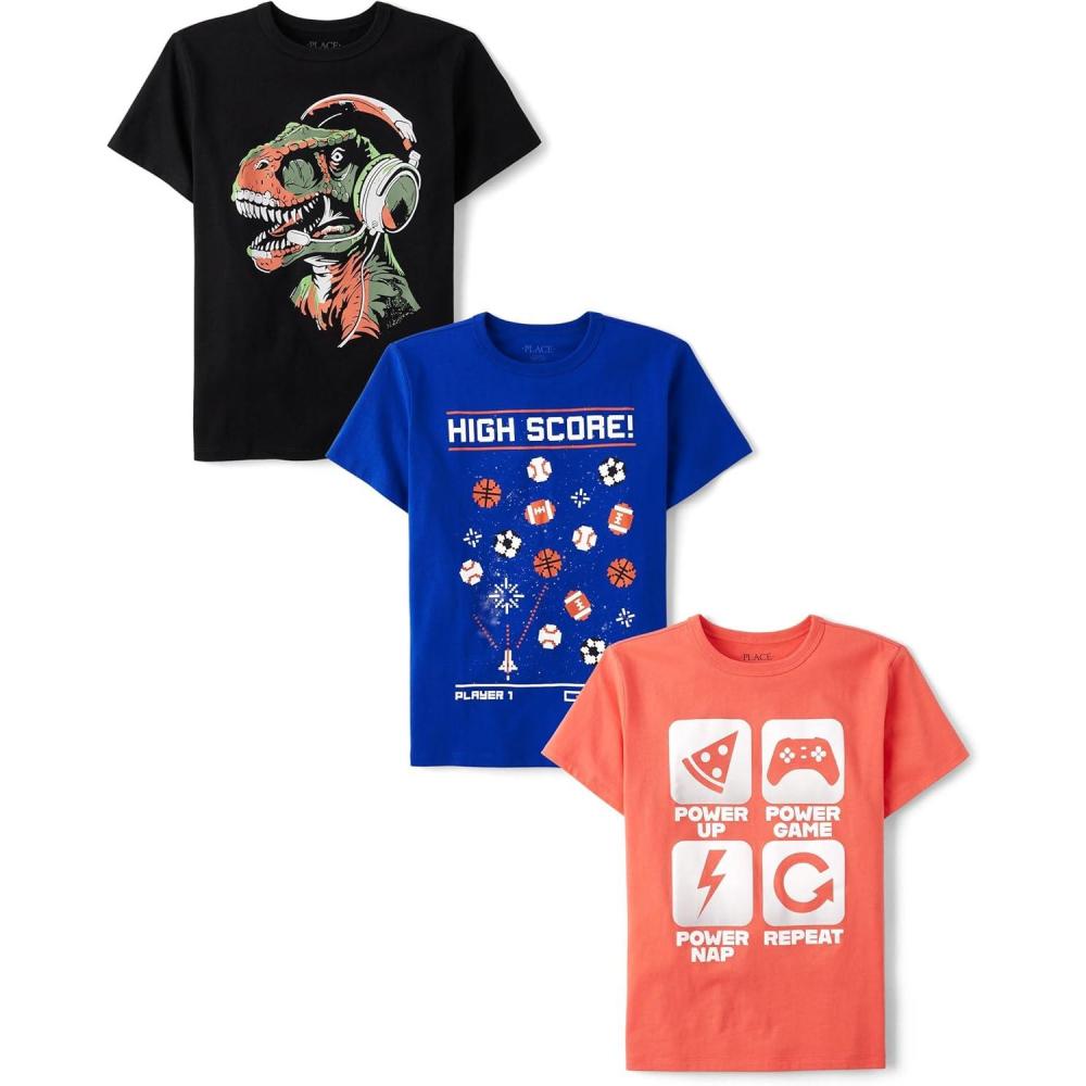 imageThe Childrens Place Boys Boys Short Sleeve Graphic T Shirt 3PackDinoHigh ScoreGamer Icons