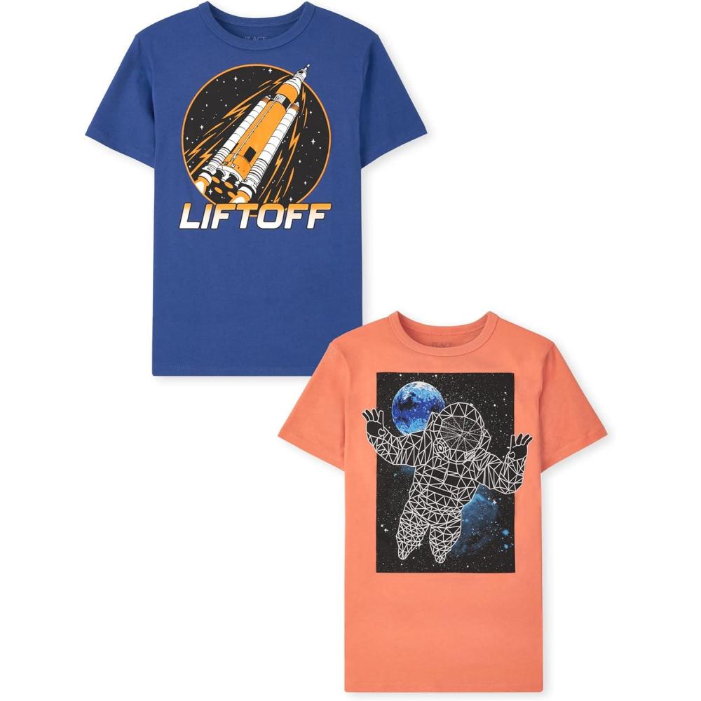 imageThe Childrens Place Boys GamerSportsCars Short Sleeve Graphic TShirts2 PackLift OffAstronaut 2pack