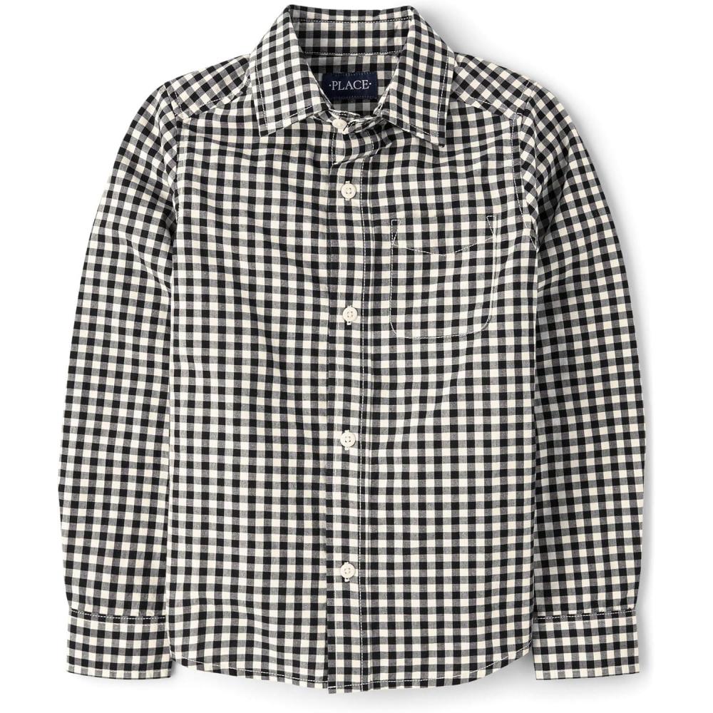 imageThe Childrens Place Boys Long Sleeve Poplin Button Down ShirtButton Down ShirtBlack Plaid