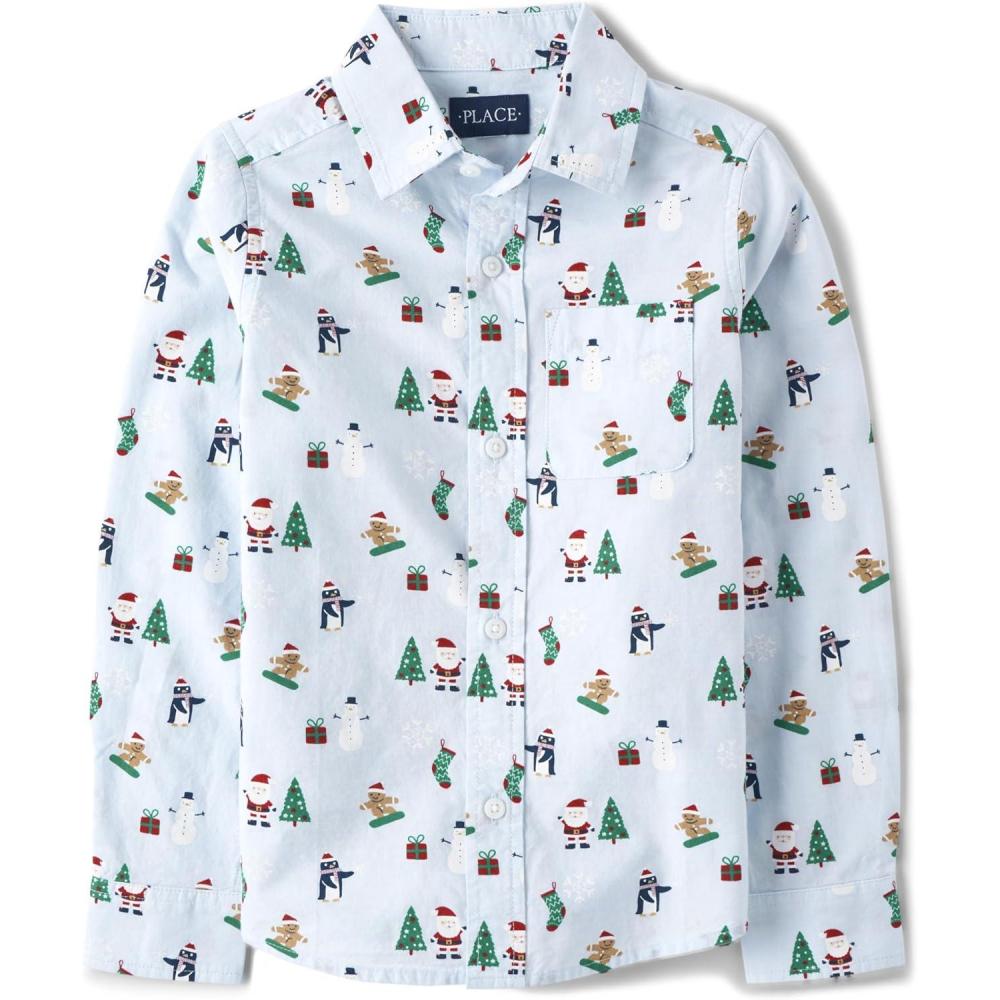 imageThe Childrens Place Boys Long Sleeve Poplin Button Down ShirtButton Down ShirtChristmas Print