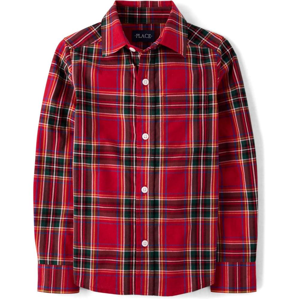 imageThe Childrens Place Boys Long Sleeve Poplin Button Down ShirtButton Down ShirtRed Birch Plaid