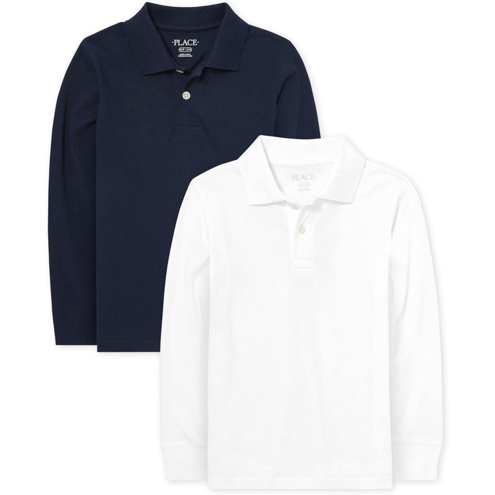 imageThe Childrens Place Boys Long Sleeve Soft Jersey Knit PolomultipacksNauticoWhite 2pack