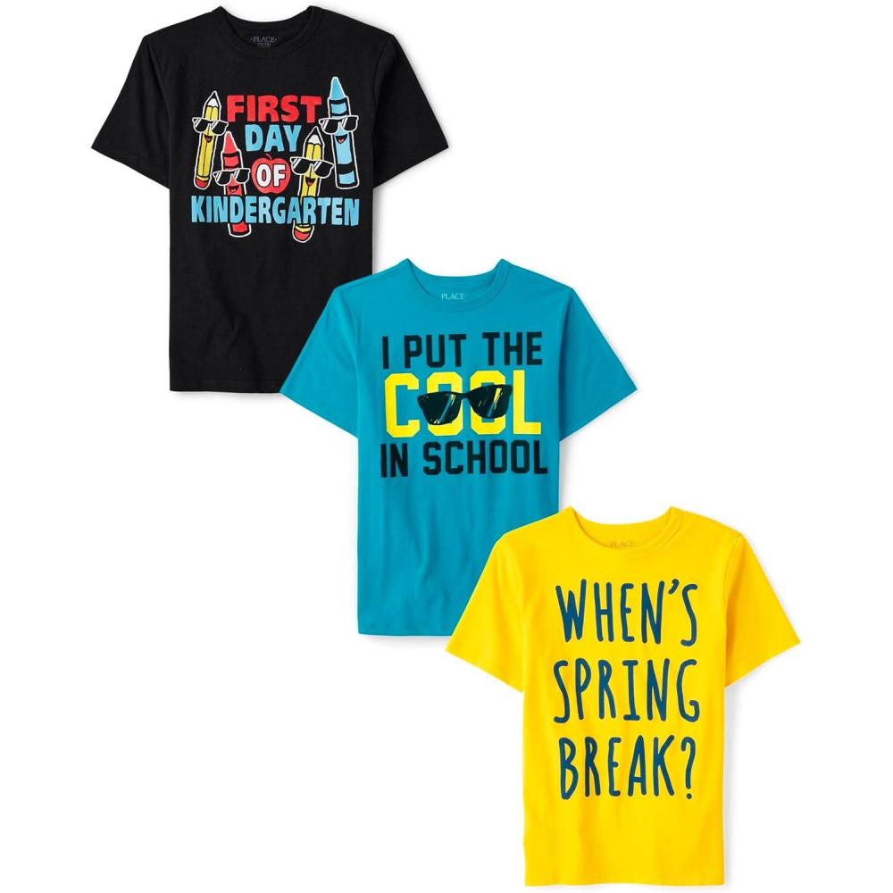 imageThe Childrens Place Boys SchoolLearning Short Sleeve Graphic TShirts3 PackFirst Day KindergartenSchoolBreak