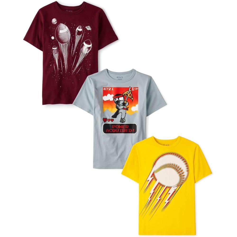 imageThe Childrens Place Boys Sports Short Sleeve Graphic TShirts MultipacksBaseballFootballsNinja 3pack