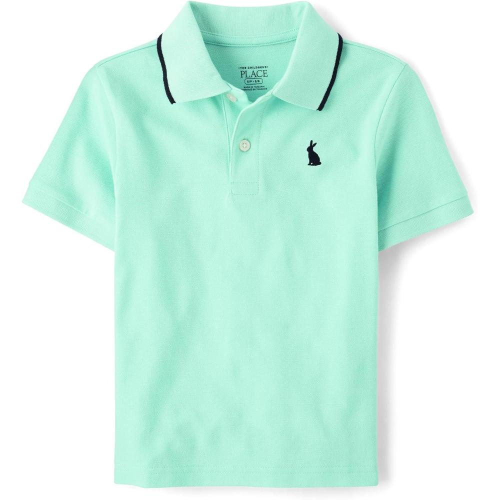imageThe Childrens Place Boys Uniform Short Sleeve Pique PoloBunny Embroidered Aqua