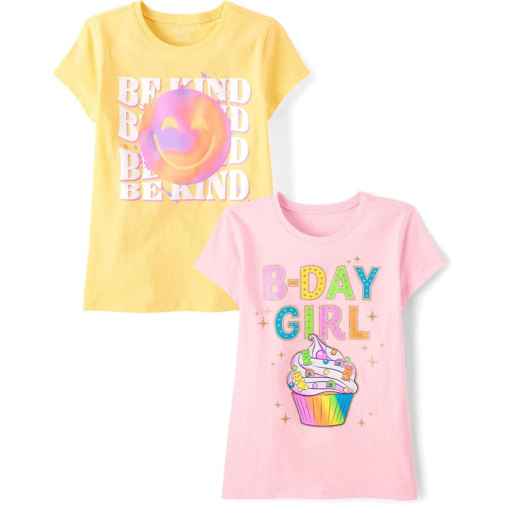 imageThe Childrens Place Girls All HolidaysBirthdays Short Sleeve Graphic TShirts2 PackBday GirlBe Kind