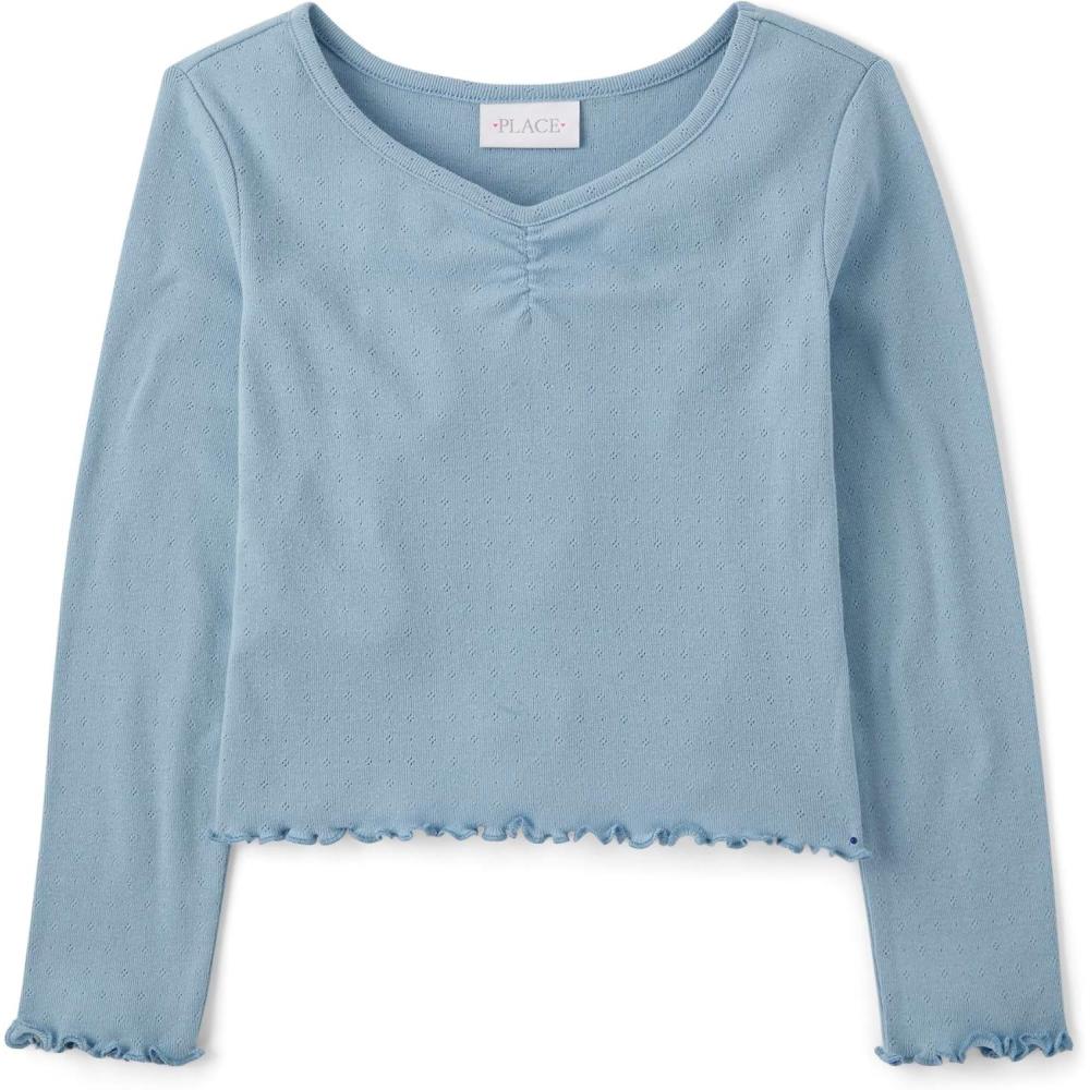 imageThe Childrens Place Girls Basic Long Sleeve VNeck Knit ShirtsBlue Aura