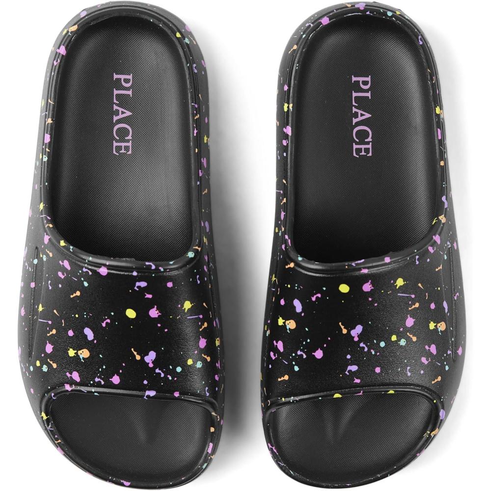 imageThe Childrens Place Girls Everday Slip on Slide SandalsBlack Paint Splatter