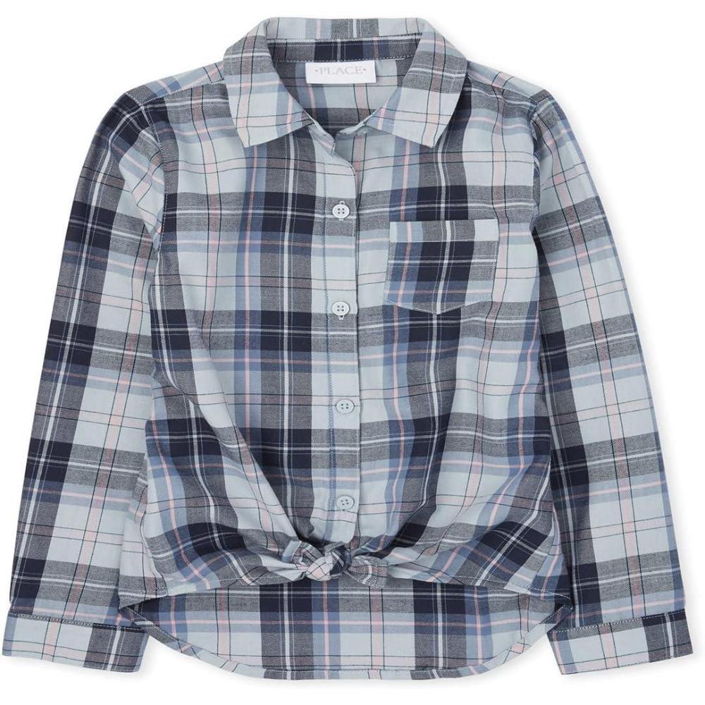 imageThe Childrens Place Girls Long Sleeve Plaid Twill Tie Front Button Down ShirtSmoky Blue