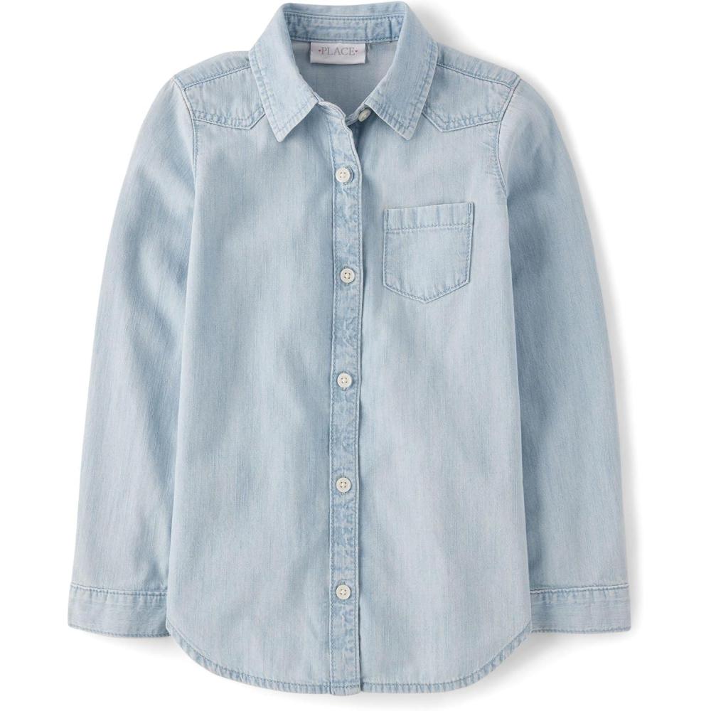 imageThe Childrens Place Girls Long Sleeve Plaid Twill Tie Front Button Down ShirtTessa Wash Denim
