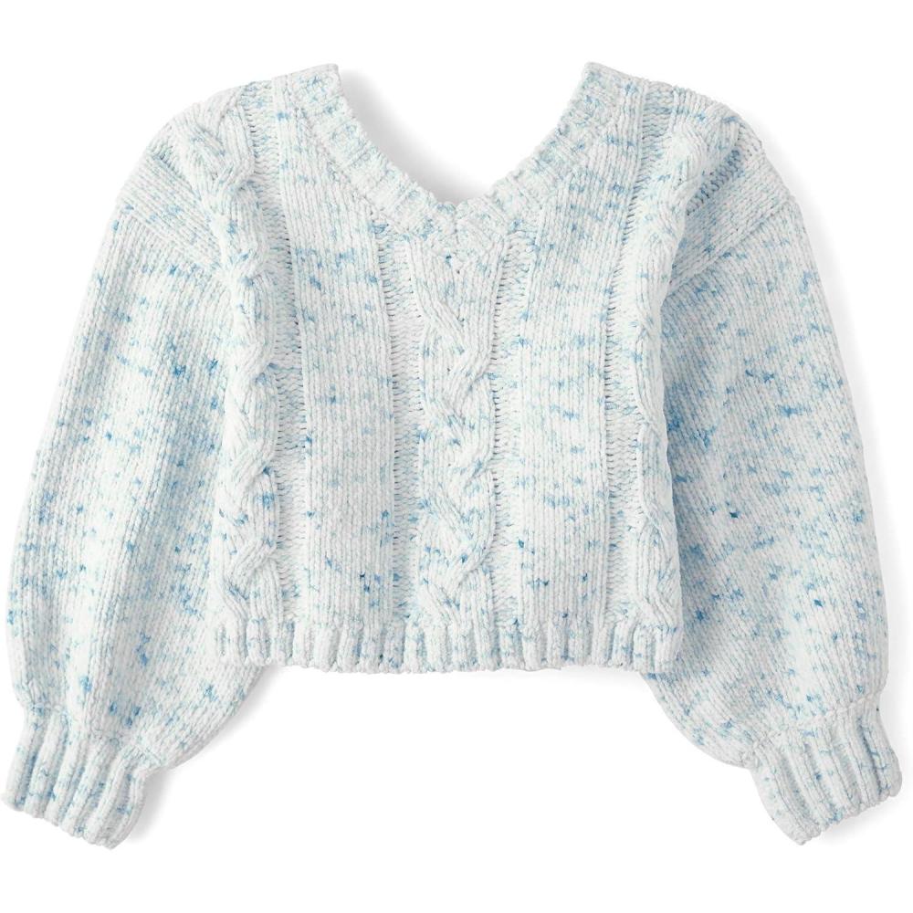 imageThe Childrens Place Girls Long Sleeve VNeck Pullover SweaterBlue Multi Bow Cable