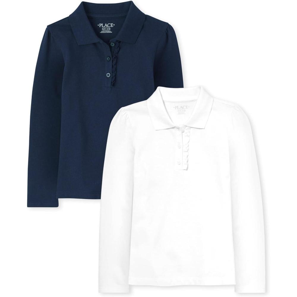 imageThe Childrens Place Girls Multipack Long Sleeve Ruffle Pique PolosTidalWhite 2pack