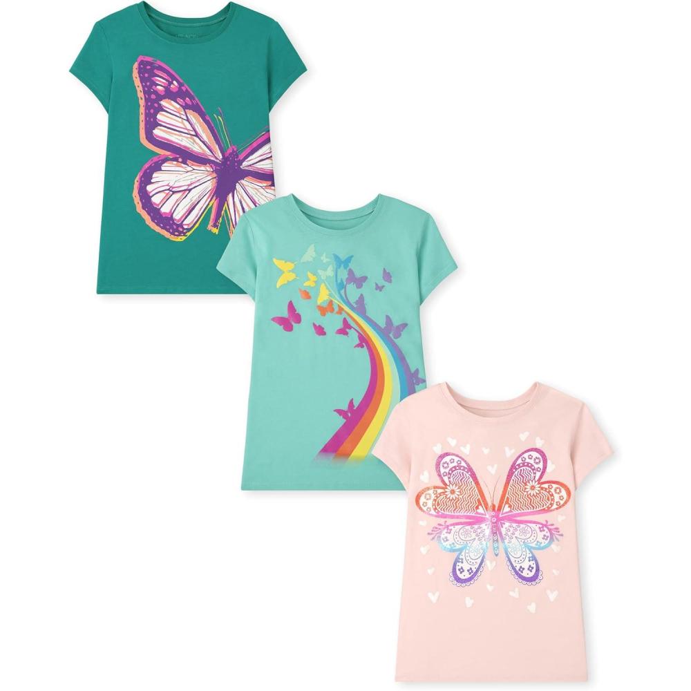 imageThe Childrens Place Girls UnicornsButterfly Short Sleeve Graphic TShirts3 PackButterflyButterfly HeartsRainbows