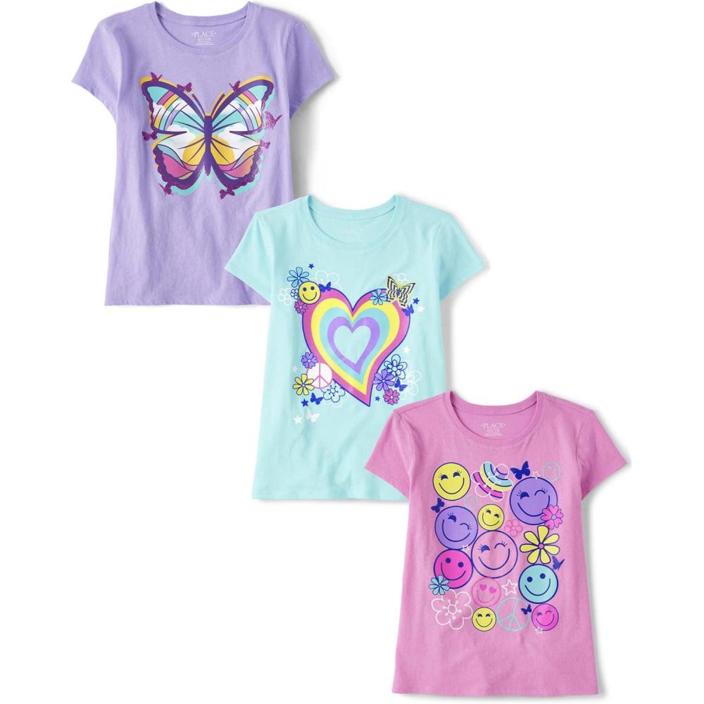 imageThe Childrens Place Girls UnicornsButterfly Short Sleeve Graphic TShirts3 PackButterflyRainbow HeartHappy