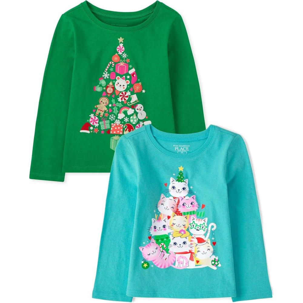 imageThe Childrens Place UnisexBaby and Toddler All HolidaysBirthdays Long Sleeve Graphic TShirts2 PackHoliday TreeCat Holiday Tree