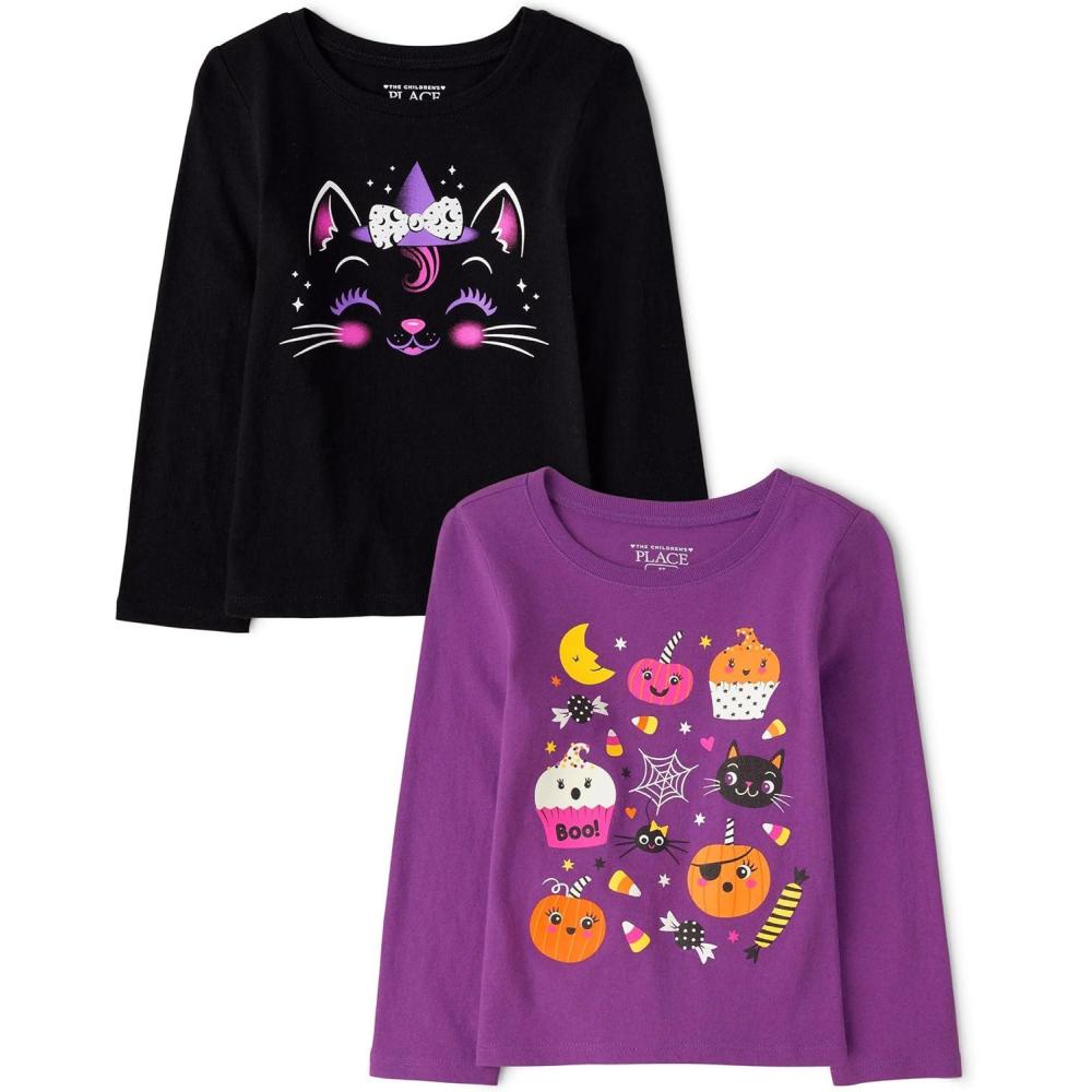 imageThe Childrens Place UnisexBaby and Toddler All HolidaysBirthdays Long Sleeve Graphic TShirts2 PackWitch CatSpooky Doodle