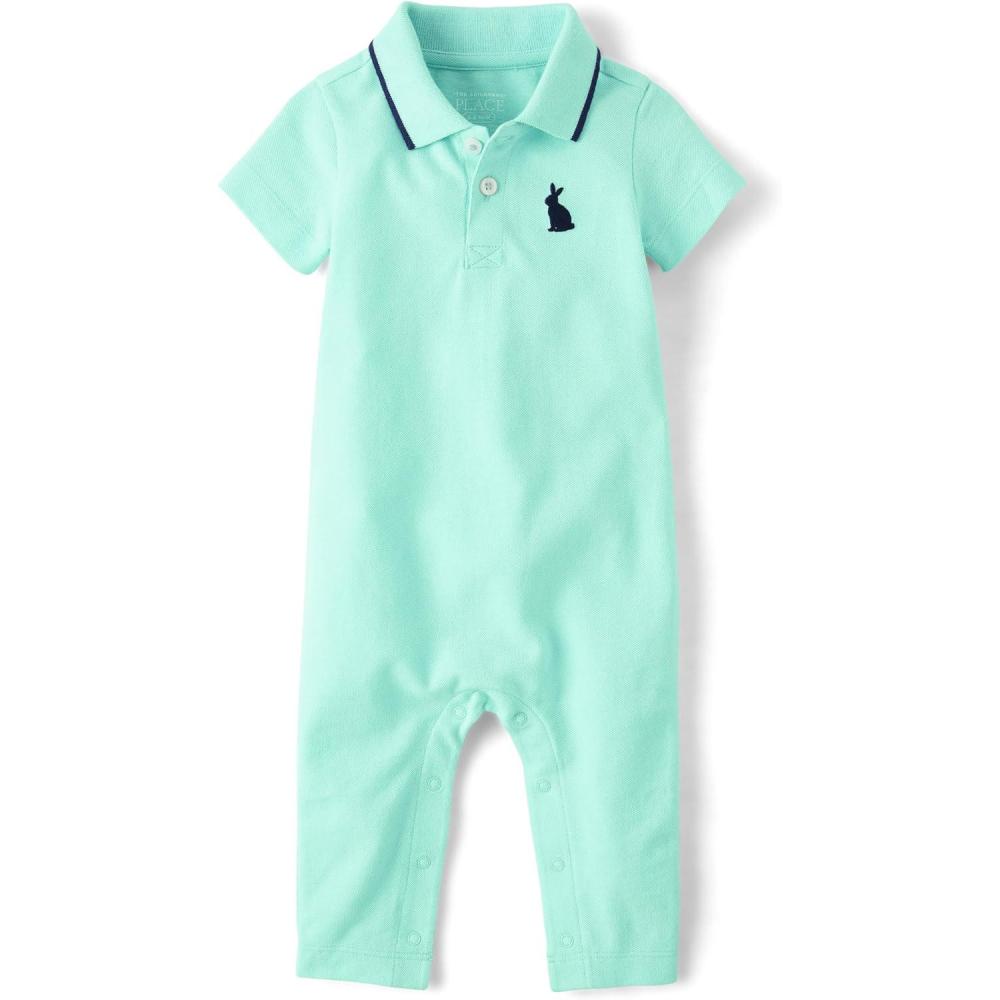 imageThe Childrens Place babyboys And Newborn Short Sleeve RomperBunny Embroidered Aqua Polo