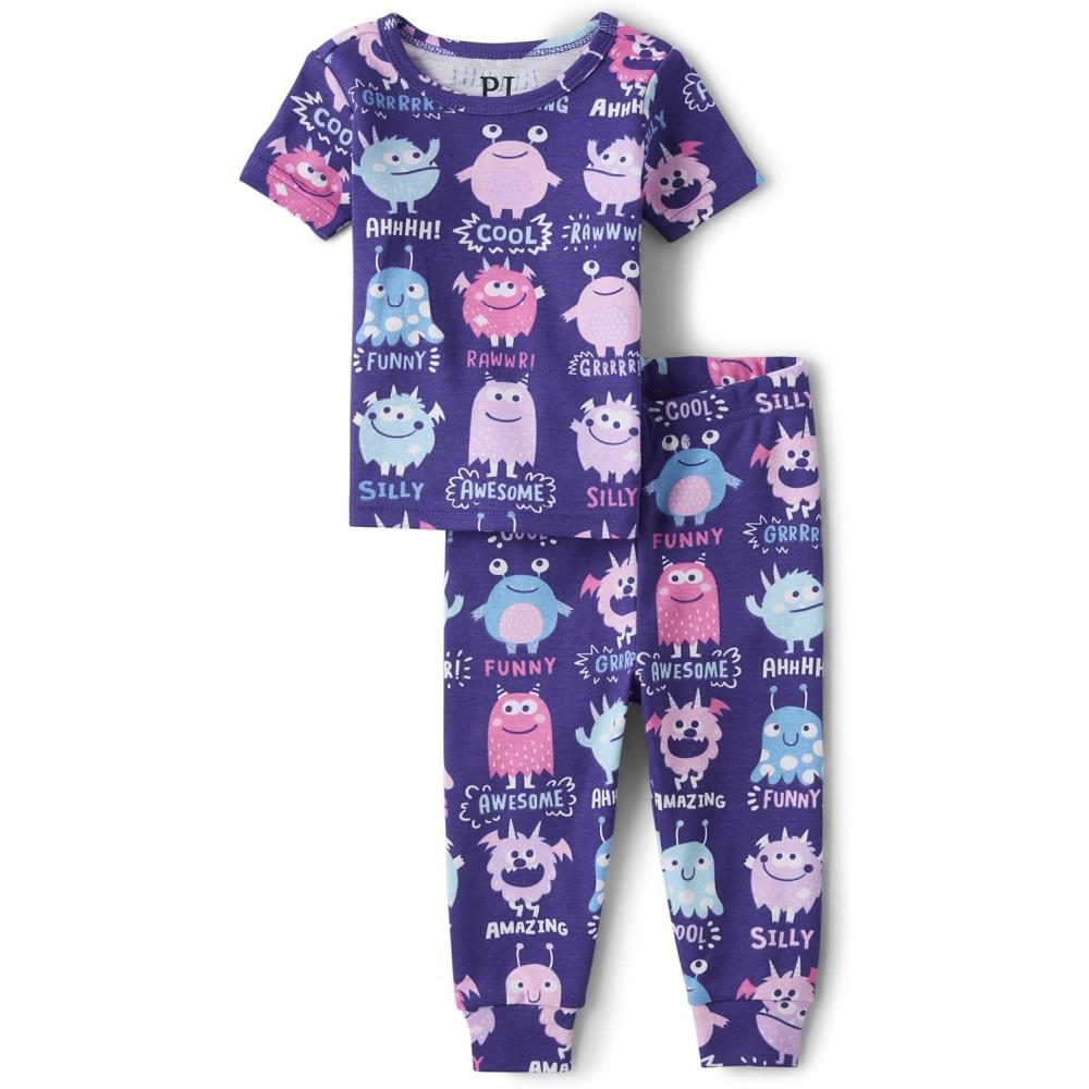 imageThe Childrens Place babygirls And Toddler Snug Fit 100 Cotton Short Sleeve Top and Pants 2 Piece Pajama SetPurple Monster