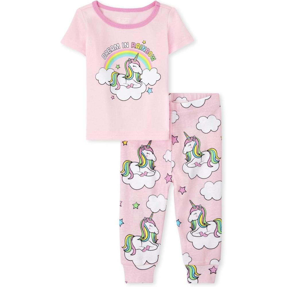 imageThe Childrens Place babygirls And Toddler Snug Fit 100 Cotton Short Sleeve Top and Pants 2 Piece Pajama SetUnicorn Rainbow