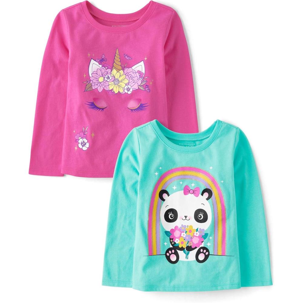imageThe Childrens Place babygirls And Toddler Unicornsbutterfliestrends Long Sleeve Graphic Tshirts2 PackUnicornPanda