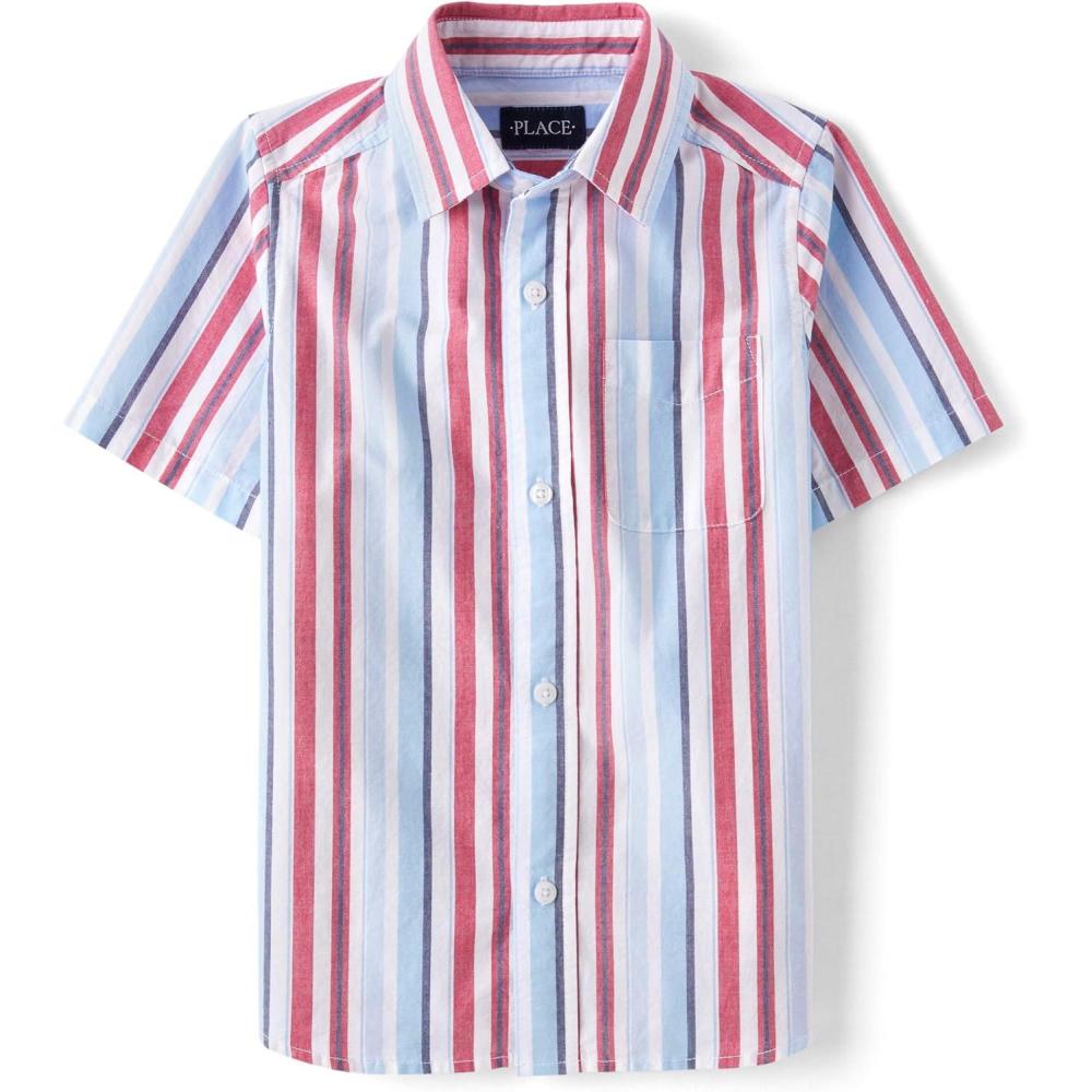 imageThe Childrens Place boys Short Sleeve Button Up ShirtRed White and Blue Stripe