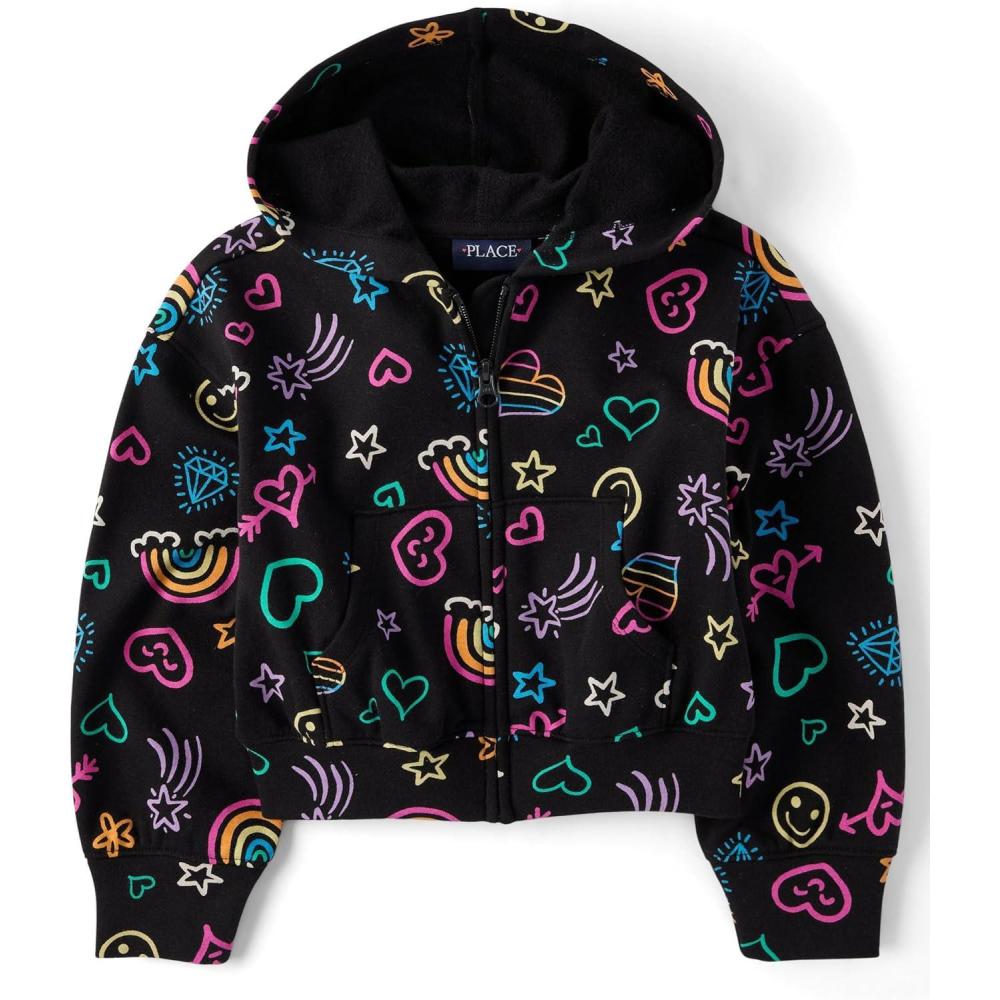 imageThe Childrens Place girls Long Sleeve Hooded Fleece Full Zip UpRainbow Doodle