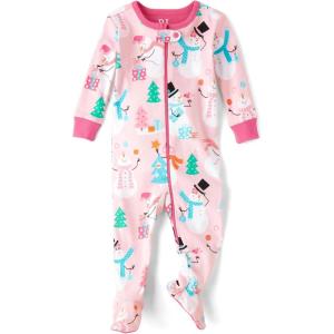 The Children’s Place Baby Girls’ and Toddler Long Sleeve 100% Cotton Zip-Front One Piece Footed Pajama(Pink Snowmen)