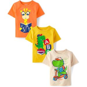 The Children’s Place Baby-Boys and Toddler School,Learning Short Sleeve Graphic T-Shirts,3 Pack(Giraffe Reading/Abc/Dino Scooter)