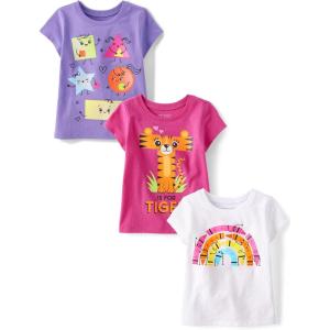 The Children’s Place Baby-Girls and Toddler School,Learning Short Sleeve Graphic T-Shirts,3 Pack(Tiger/Shape Friends/Crayon Rainbow)