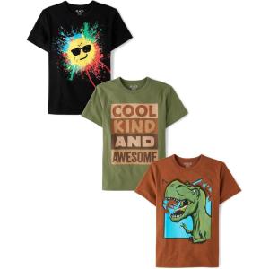 The Children’s Place Boys Animals,Cars Short Sleeve Graphic T-Shirts,3 Pack(Dino/Cool Kind/Happy)