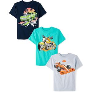 The Children’s Place Boys Animals,Cars Short Sleeve Graphic T-Shirts,3 Pack(Racecar/Beach Car/Motorcycle)