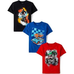 The Children’s Place Boys Animals,Cars Short Sleeve Graphic T-Shirts,3 Pack(Racecar/Monster Truck/Motorcycle)