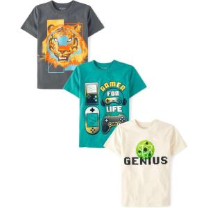 The Children’s Place Boys Animals,Cars Short Sleeve Graphic T-Shirts,3 Pack(Tiger/Life Gamer/Genius)