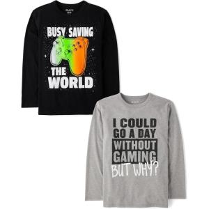 The Children’s Place Boys Gamer,Cars,Sports Long Sleeve Graphic T-Shirts,2 Pack(Save World/Without Gaming)