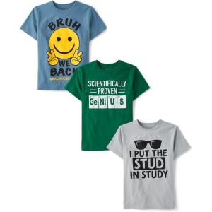 The Children’s Place Boys’ School,Learning Short Sleeve Graphic T-Shirts,3 Pack(Bruh/Genius/Study)