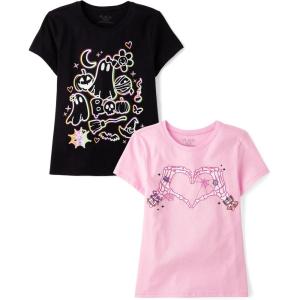 The Children’s Place Girls All Holidays,Birthdays Short Sleeve Graphic T-Shirts,2 Pack(Skeleton Heart/Spooky Icons)