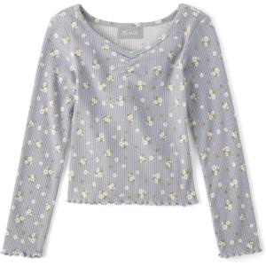 The Children’s Place Girls Basic Long Sleeve V-Neck Knit Shirts(Grey Floral)