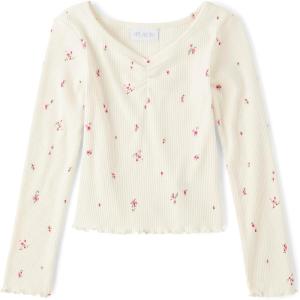 The Children’s Place Girls Basic Long Sleeve V-Neck Knit Shirts(White Daisy)
