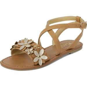 The Children’s Place Girls Flat Sandals with Adjustable Ankle Strap(Tan Flower)