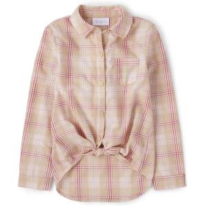 The Children’s Place Girls Long Sleeve Plaid Twill Tie Front Button Down Shirt(Latte Plaid)
