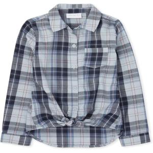 The Children’s Place Girls Long Sleeve Plaid Twill Tie Front Button Down Shirt(Smoky Blue)