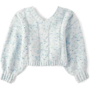 The Children’s Place Girls Long Sleeve V-Neck Pullover Sweater(Blue Multi Bow Cable)