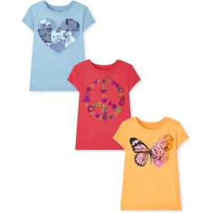 The Children’s Place Girls Unicorns,Butterfly Short Sleeve Graphic T-Shirts,3 Pack(Heart Butterfly/Floral/Peace Sign)