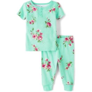 The Children’s Place baby-girls And Toddler Short Sleeve Top and Pants Snug Fit 100% Cotton 2 Piece Pajama Set(Mint Floral)