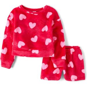 The Children’s Place girls 100% Fleece Long Sleeve Top and Shorts,2 Piece Pajama Set(Rhumba Red Hearts)