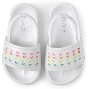 The Children’s Place girls And Toddler Everyday Slide Sandals With Backstrap(White Multicolor Hearts)