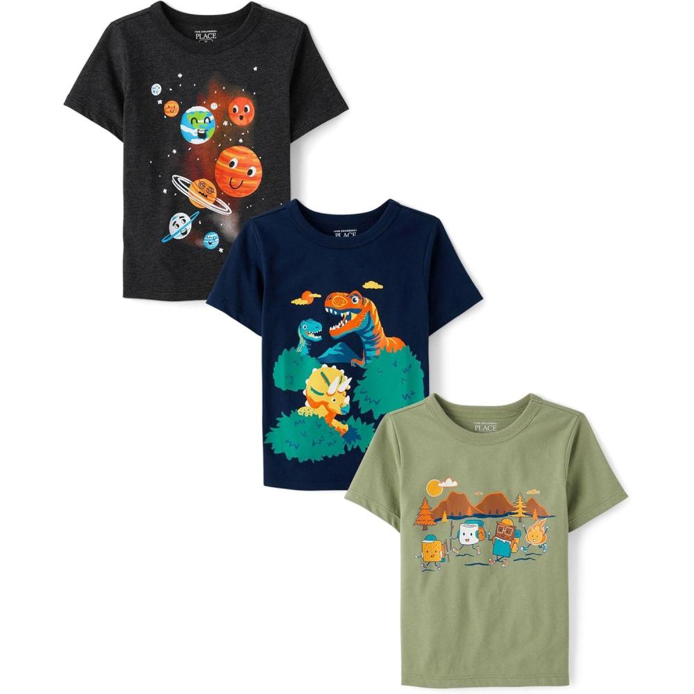 imageThe Childrens Place BabyBoys and Toddler DinoAnimalsSharks Short Sleeve Graphic TShirts3 PackPlanetsDinosSmores