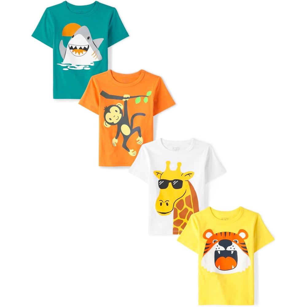 imageThe Childrens Place BabyBoys and Toddler DinosAnimalsCars Short Sleeve Graphic TShirts4 PackSharkMonkeyTigerGiraffe