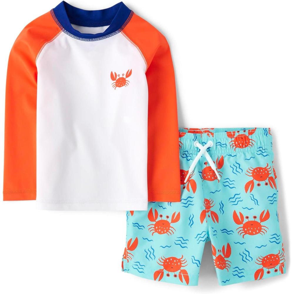 imageThe Childrens Place BabyBoys and Toddler Long Sleeve Rashguard and Swim Trunks 2 Piece SetCrab Set